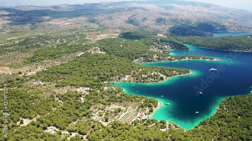 Beautiful Turquoise Lagoon Bay In Milna, Croatia. Osibova Bay Park In Brac Island. aerial drone photo