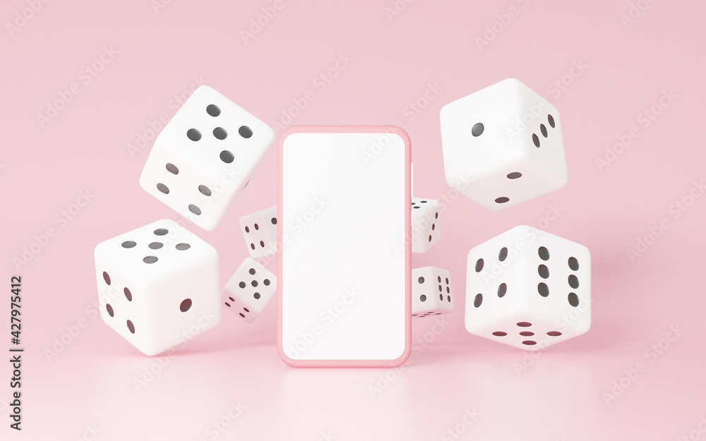 3d rendering white dice minimal style floating and smartphone with touch screen blank or white for advertising gaming, playing on pink pastel background. Composition template concept