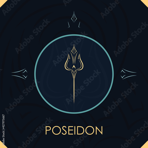 Poseidon trident sign with abstract stars background, line art graphic
