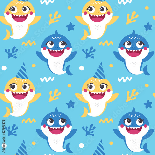 Seamless vector Pattern with Baby Shark for Birthday