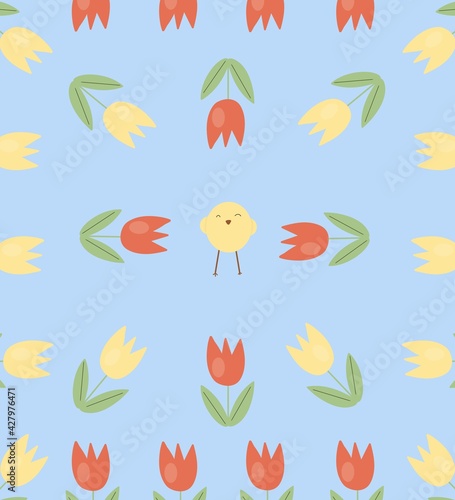 Easter pattern on a gentle blue background, with tulips and chicken.