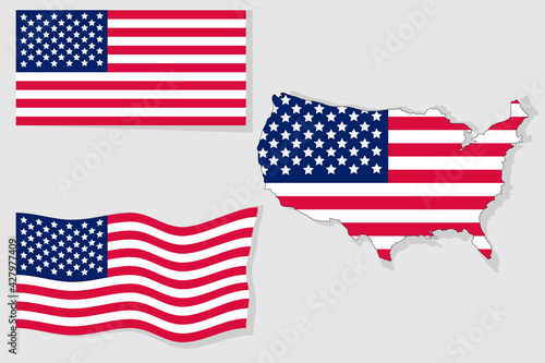 A set of American flags.US flags in different angles.Realistic vector illustration.