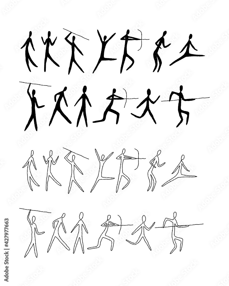A set of man from rock art. Prehistoric drawings. Simple style, line art. Outline. A set of man from rock art. Prehistoric drawings. Simple style, line art. Outline.