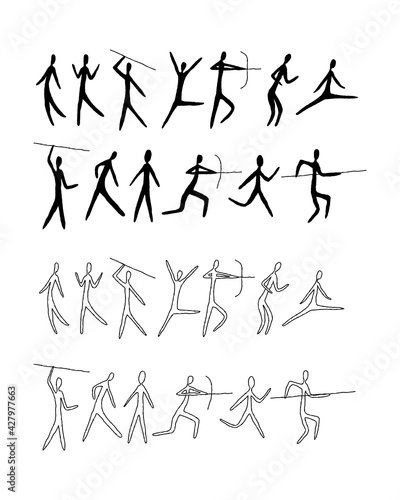 A set of man from rock art. Prehistoric drawings. Simple style, line art. Outline.