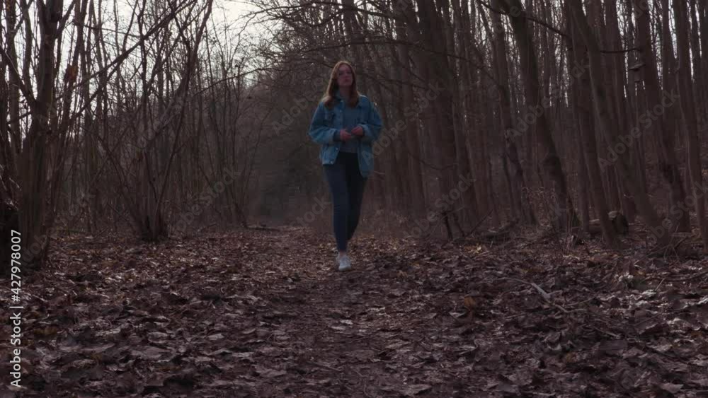 Girl walking on a way in the Woods Girl walking on a way in the Woods