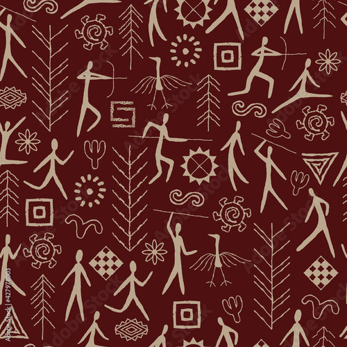 Seamless pattern with decorative elements and man from rock art. Prehistoric drawings. Outline.