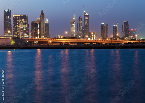 Dubai  UAE - 04.12.2021 View of a Dubai city skyline during sunset hour. UAE. Dubai Design District.
