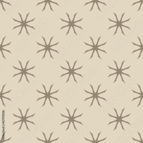 Simple floral geometric seamless pattern. Elegant vector ornament texture with flower silhouettes  crosses. Stylish ornamental background. Brown and beige color. Old style design. Repeatable pattern