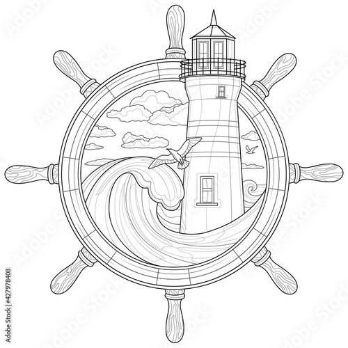 Steering wheel of the ship and the lighthouse.Coloring book antistress for children and adults.