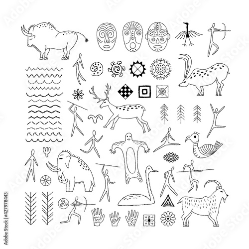 A set of decorative elements from rock art. Prehistoric drawings. Outline.