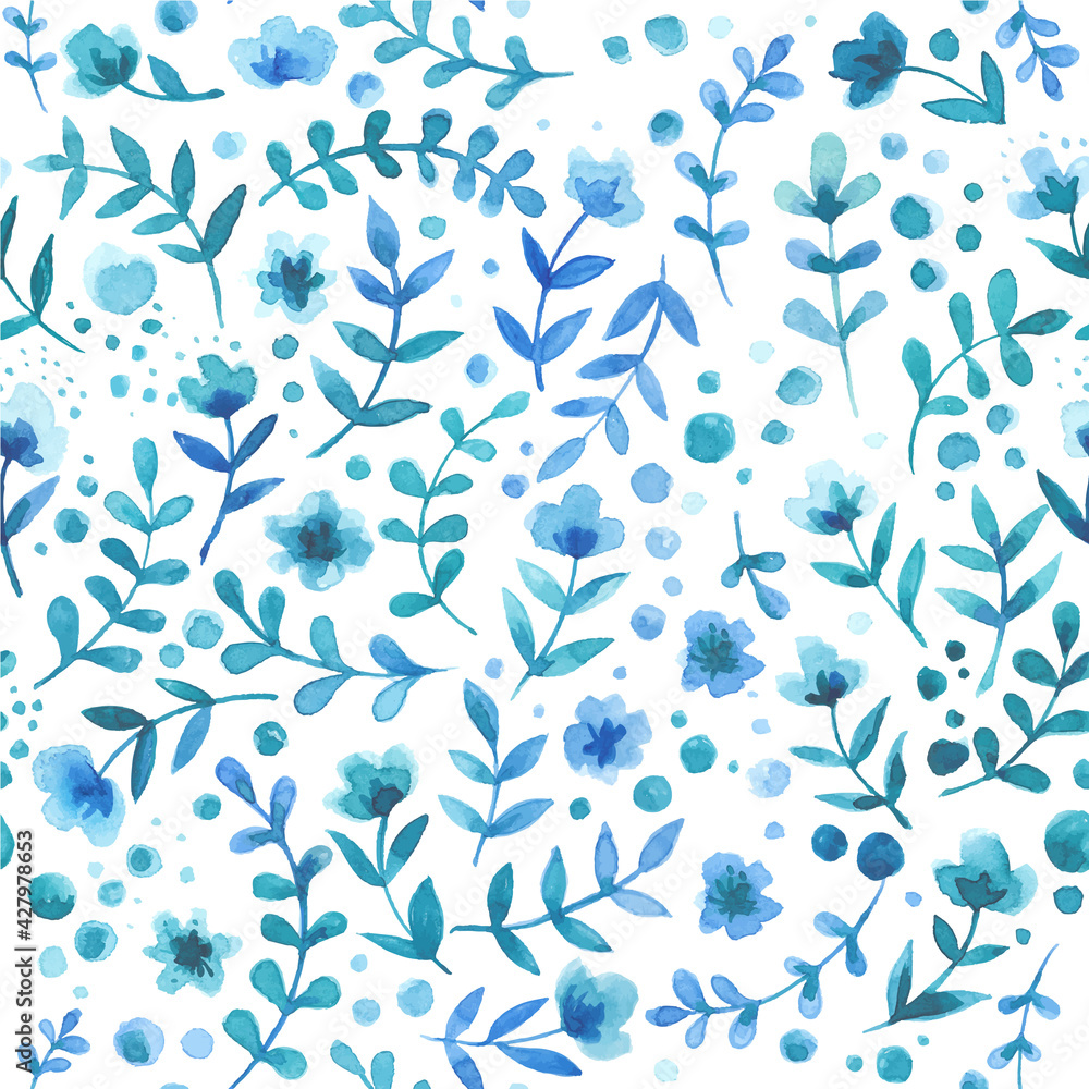 Pattern of flowers and grasses painted with watercolors on white background. Green leaves and flowers on a white background. Pattern of flowers and grasses painted with watercolors on white background. Green leaves and flowers on a white background.