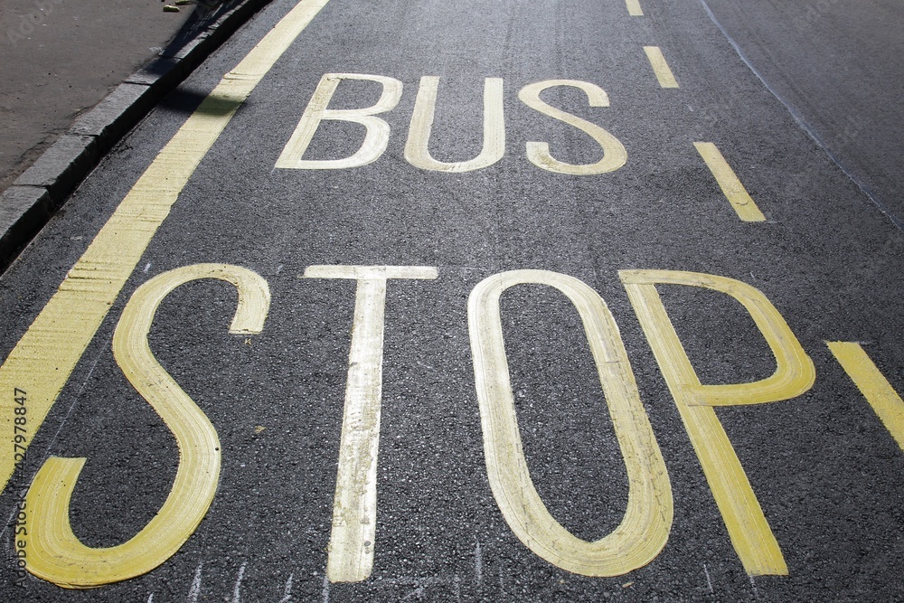 Fototapeta premium Freshly applied bus stop road paint on recently resurfaced street