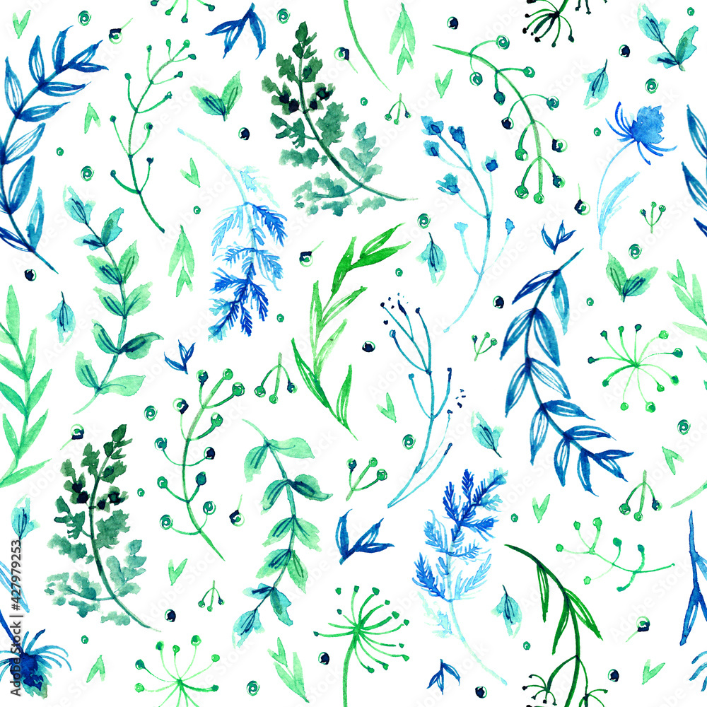 Pattern of flowers and grasses painted with watercolors on white background. Green leaves and flowers on a white background. Pattern of flowers and grasses painted with watercolors on white background. Green leaves and flowers on a white background.