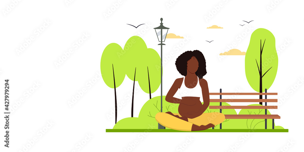 Black pregnant African woman practicing prenatal yoga at the park isolated on the white background. A place for text. Vector illustration, eps 10