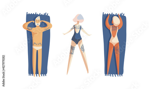 Tattooed Man and Woman Standing and Lying on Beach Sunbathing Vector Set