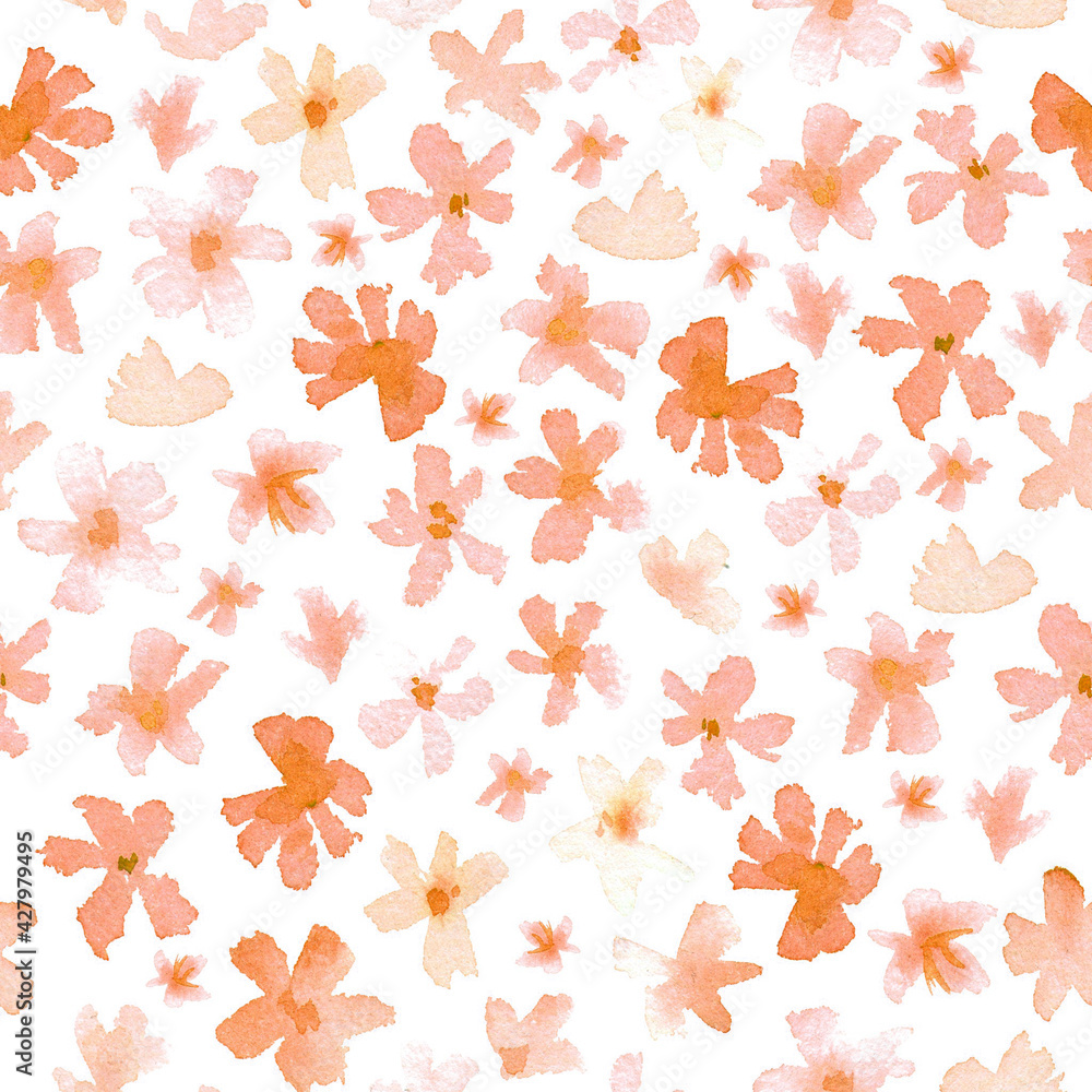Pattern of flowers and grasses painted with watercolors on white background. Green leaves and flowers on a white background. Pattern of flowers and grasses painted with watercolors on white background. Green leaves and flowers on a white background.