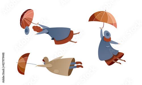 People Characters Struggling to Hold Umbrella in Windy and Stormy Weather Vector Illustration Set