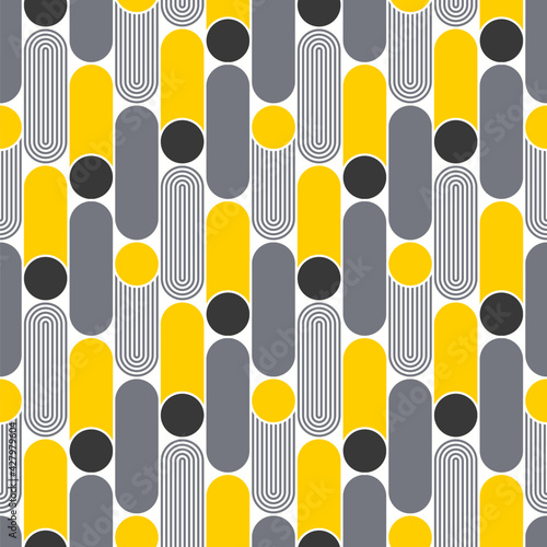 Geometric seamless pattern. Abstract background yellow, grey circles. Colorful ornament with rounded shapes. Repeating texture. Vector illustration. Design paper, wallpaper, textile, fabric.