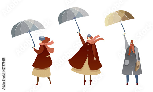 People Characters Struggling to Hold Umbrella in Windy and Stormy Weather Vector Illustration Set