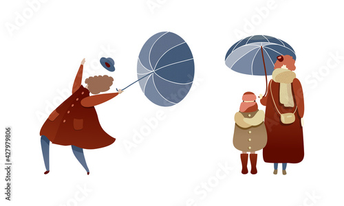People Characters Struggling to Hold Umbrella in Windy and Stormy Weather Vector Illustration Set