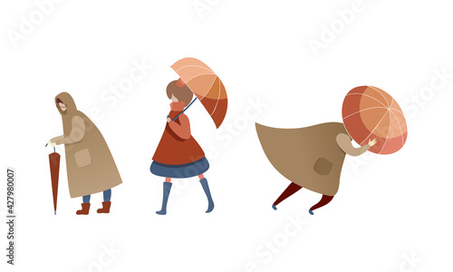 People Characters Struggling to Hold Umbrella in Windy and Stormy Weather Vector Illustration Set