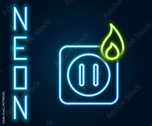 Glowing neon line Electric wiring of socket in fire icon isolated on black background. Electrical safety concept. Plug outlet on fire. Colorful outline concept. Vector Illustration