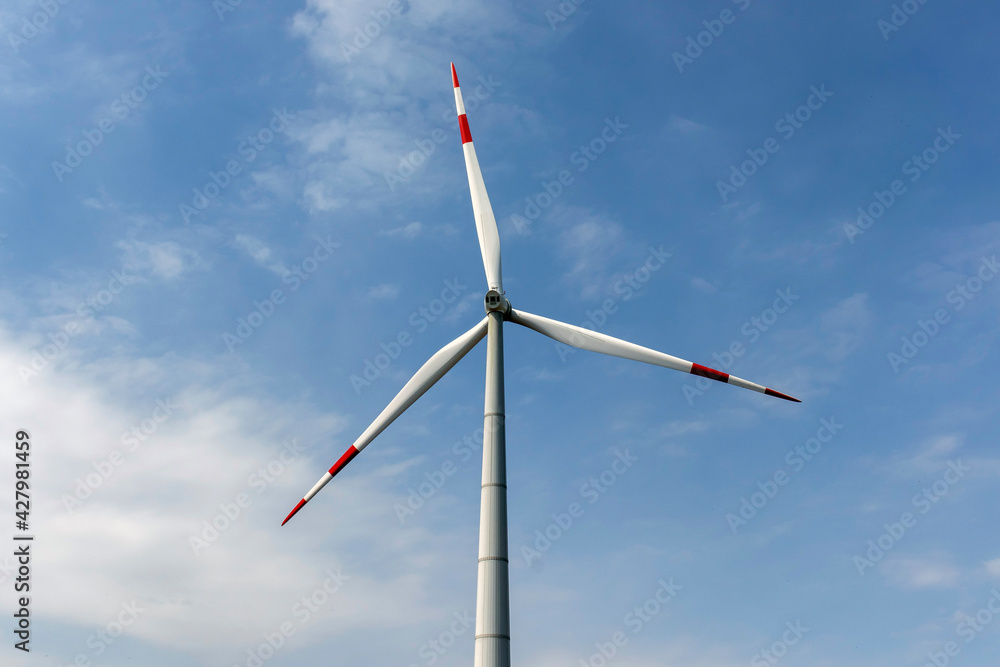 Wind turbines in the field against the blue sky. Environmentally friendly electricity.