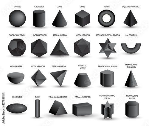 Vector realistic 3D black geometric shapes isolated on white background. Maths geometrical figure form, realistic shapes model. Platon solid. Geometric icons, logos for education, business, design.