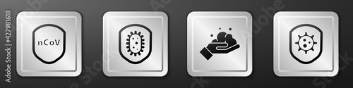 Set Shield protecting from virus, Shield protecting from virus, Washing hands with soap and Shield protecting from virus icon. Silver square button. Vector