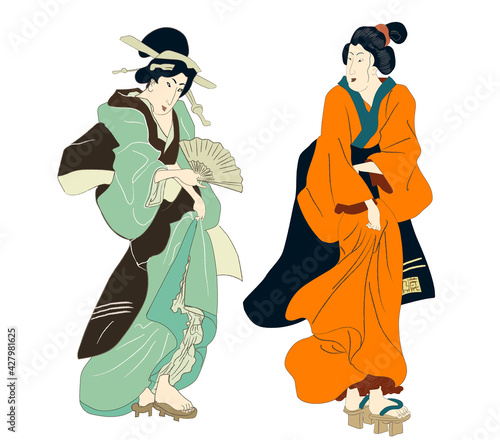 Ukiyo-e beauty woman, japanese geisha in kimono vector illustration. Japan art of asian girl, cute woman fashion. Japanese style dress of edo period.