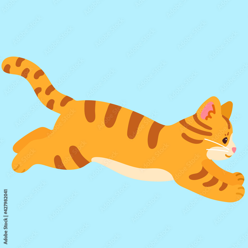 Simple and adorable Orange Tabby cat jumping flat colored