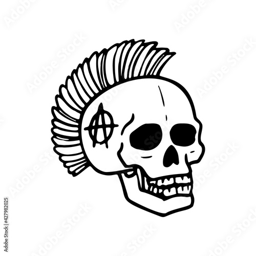 Punk rock collection. Human skull with mohawk symbol on a white background.
