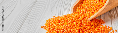 Scoop with red lentils with copy space banner