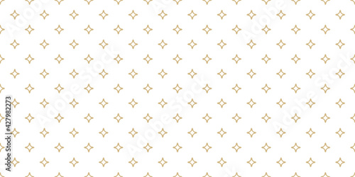 Golden vector seamless pattern with small diamonds, star shapes, rhombuses. Abstract gold and white geometric texture. Simple minimal wide repeat background. Luxury design for decor, wallpaper, web