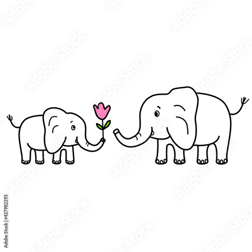 Photography Baby elephant gives pink flower to elephant mom