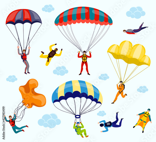 Fototapeta Naklejka Na Ścianę i Meble -  Collection of parachutists and skydivers isolated on white background. Flat vector set of professional skydivers. Extreme sport