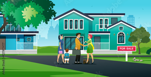 A saleswoman congratulates a family who bought a house.