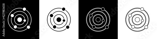 Set Solar system icon isolated on black and white background. The planets revolve around the star. Vector