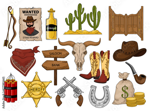 Wild west vector cartoon set icon. Vector illustration western on white background. Cowboy american objects