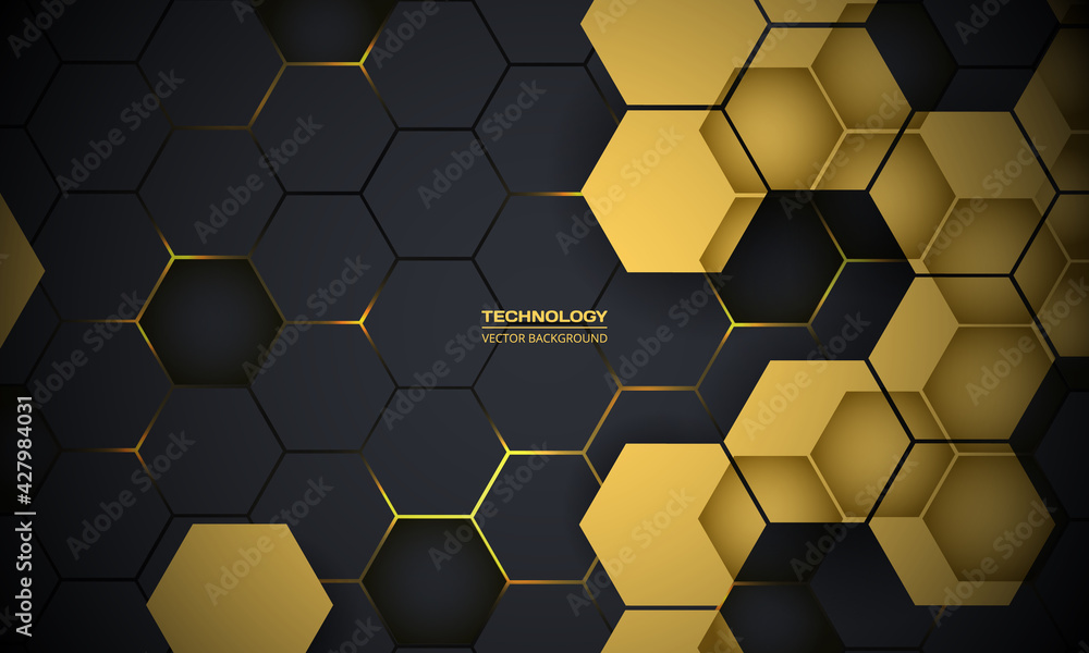 Dark gray and yellow hexagonal technology abstract vector background. Yellow bright energy flashes under hexagon in futuristic modern technology background. Dark honeycomb texture grid.