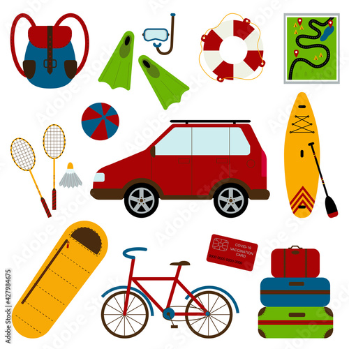 A set of necessary things to travel by car. Backpack, fins, diving mask, lifebuoy, map, badminton, ball, sup, sleeping bag, bike, suitcases. Family hobby. Flat style Vector Illustration.