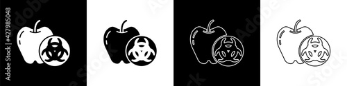 Set Genetically modified apple icon isolated on black and white background. GMO fruit. Vector