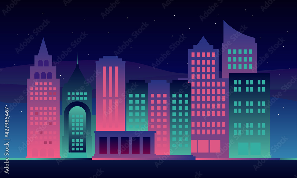 Illustration of a view of skyscrapers in a modern city on a starry night. Perfect for design element of city urban background