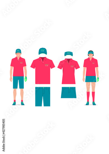 Golf clothes. Men's and women's t-shirt design template, cap and shorts. Sports uniform
