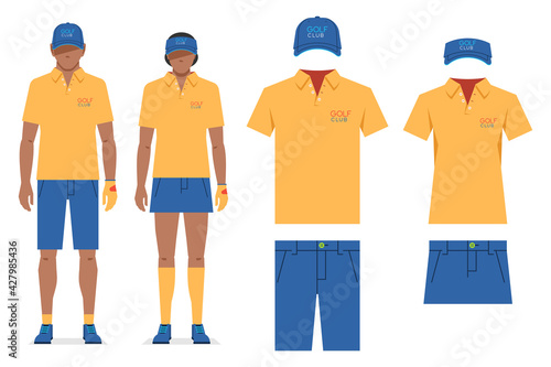 Golf clothes. Men's and women's t-shirt design template, cap and shorts. Sports uniform