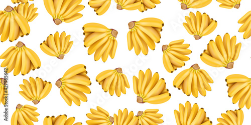 Trendy seamless pattern with baby banana bunch and tropical leaves. Vector realistic illustration