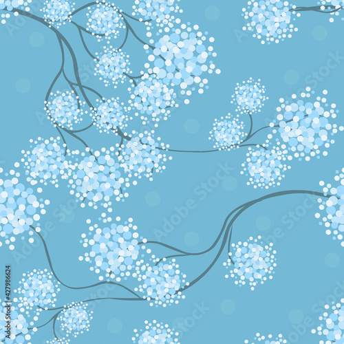 Abstract vector seamless pattern. Simple texture with floral silhouettes, dots, small circles, confetti. Stylish background in blue tones. Repeat design for decoration, fabric, wallpaper, print, wrap