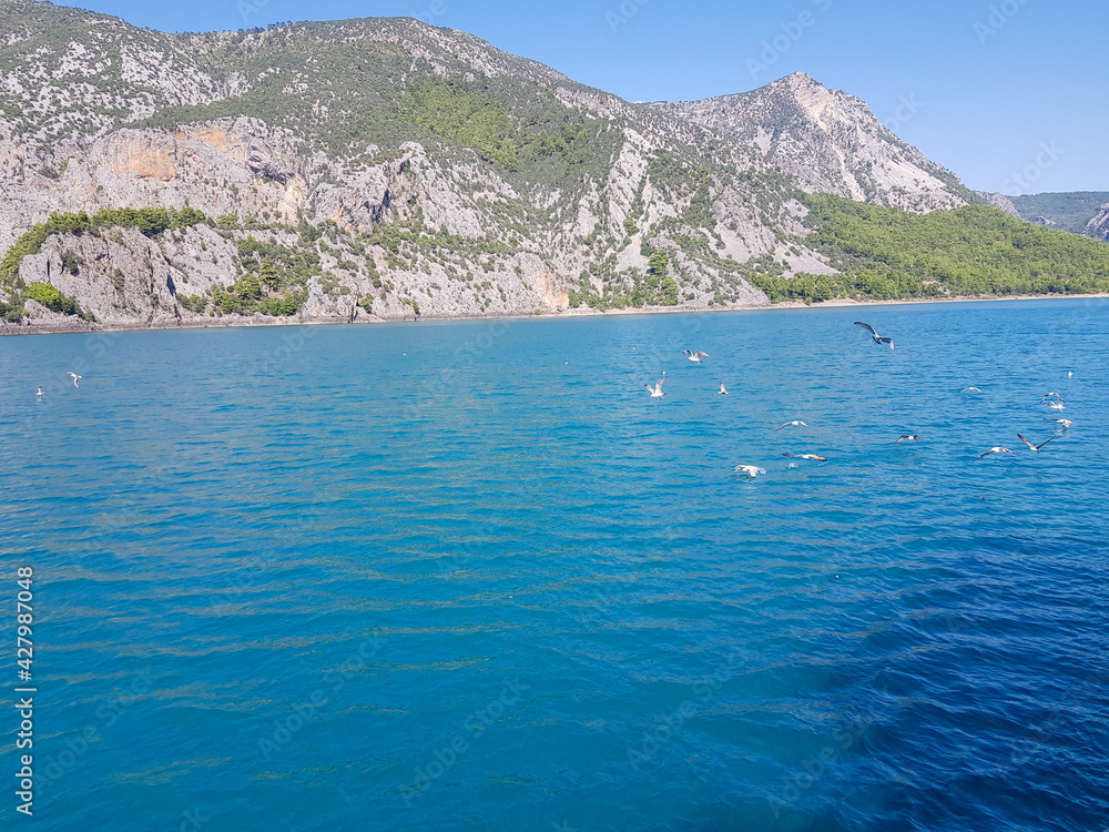 Fototapeta premium Seascape against the backdrop of mountains on a cloudless sunny day.