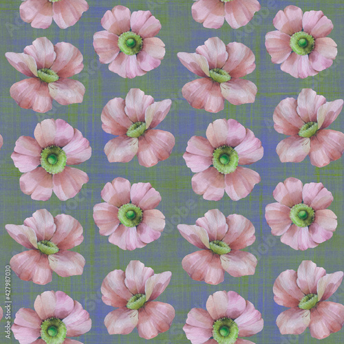 Rosehip flowers seamless pattern. Pink flowers painted by watercolor. Botanical illustration of delicate wild rose flowers on a green background.
