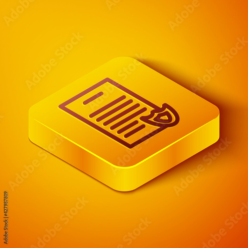 Isometric line Firearms license certificate icon isolated on orange background. Weapon permit. Yellow square button. Vector